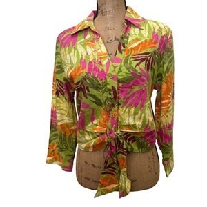 NWT Jessica Simpson Tie Front Button Down Top‎ Tropical Leaf Print Size Small